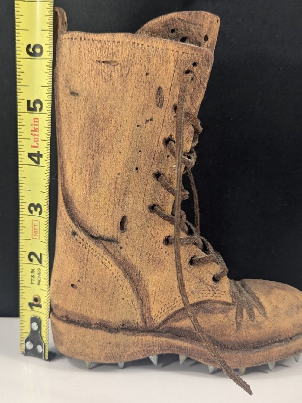 Vintage small Hand Carved Wooden Logging Boot with Laces and spikes